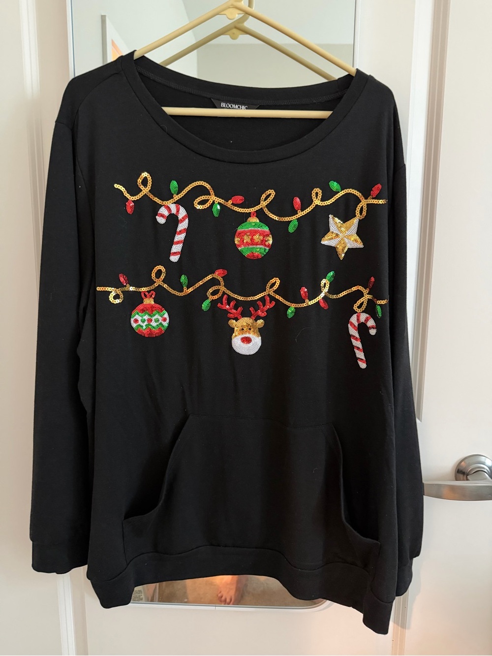 BloomChic Black Holiday Sequin Sweatshirt with Candy Canes & Ornaments